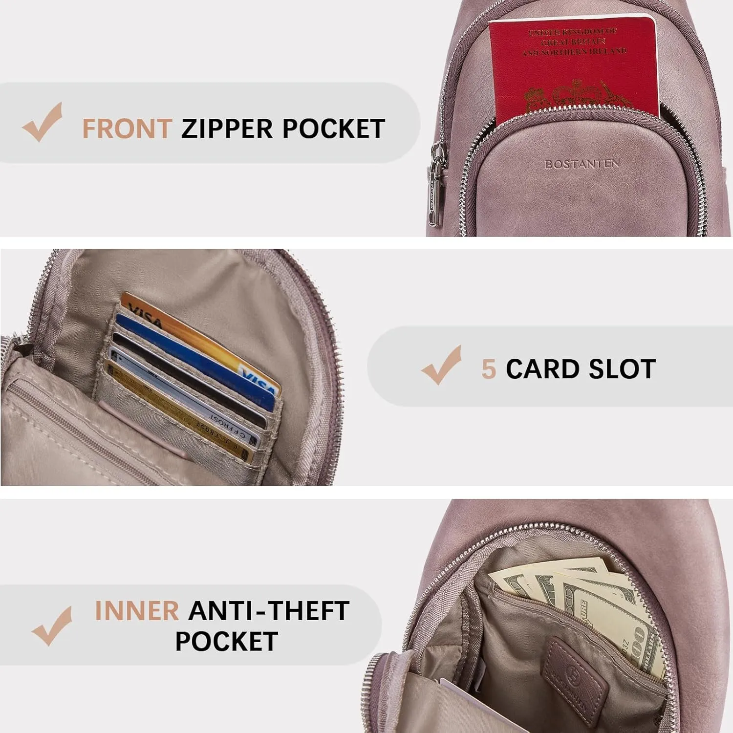 BOSTANTEN Sling Bag for Women Crossbody Purse Crossbody Bag Leather Chest Bag with Adjustable Guitar Strap for Travel