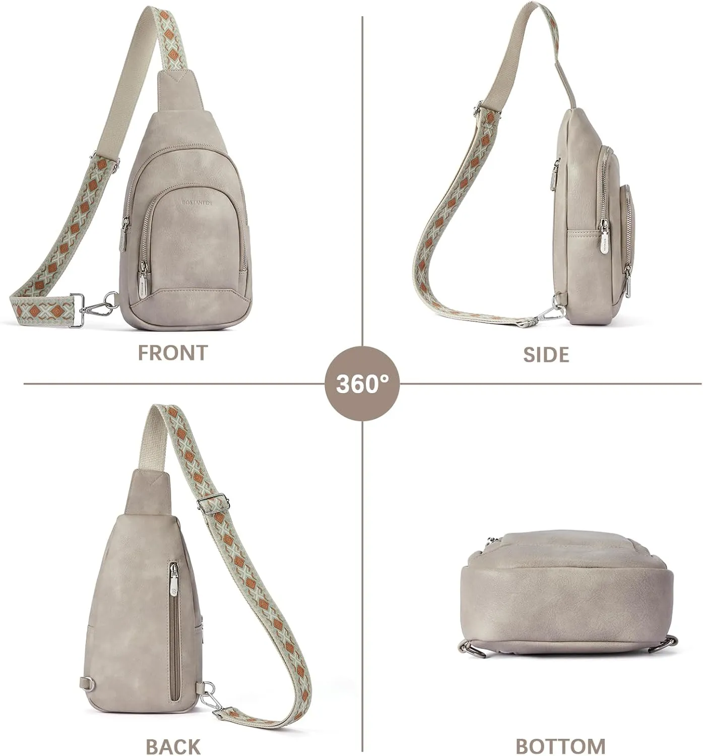 BOSTANTEN Sling Bag for Women Crossbody Purse Crossbody Bag Leather Chest Bag with Adjustable Guitar Strap for Travel