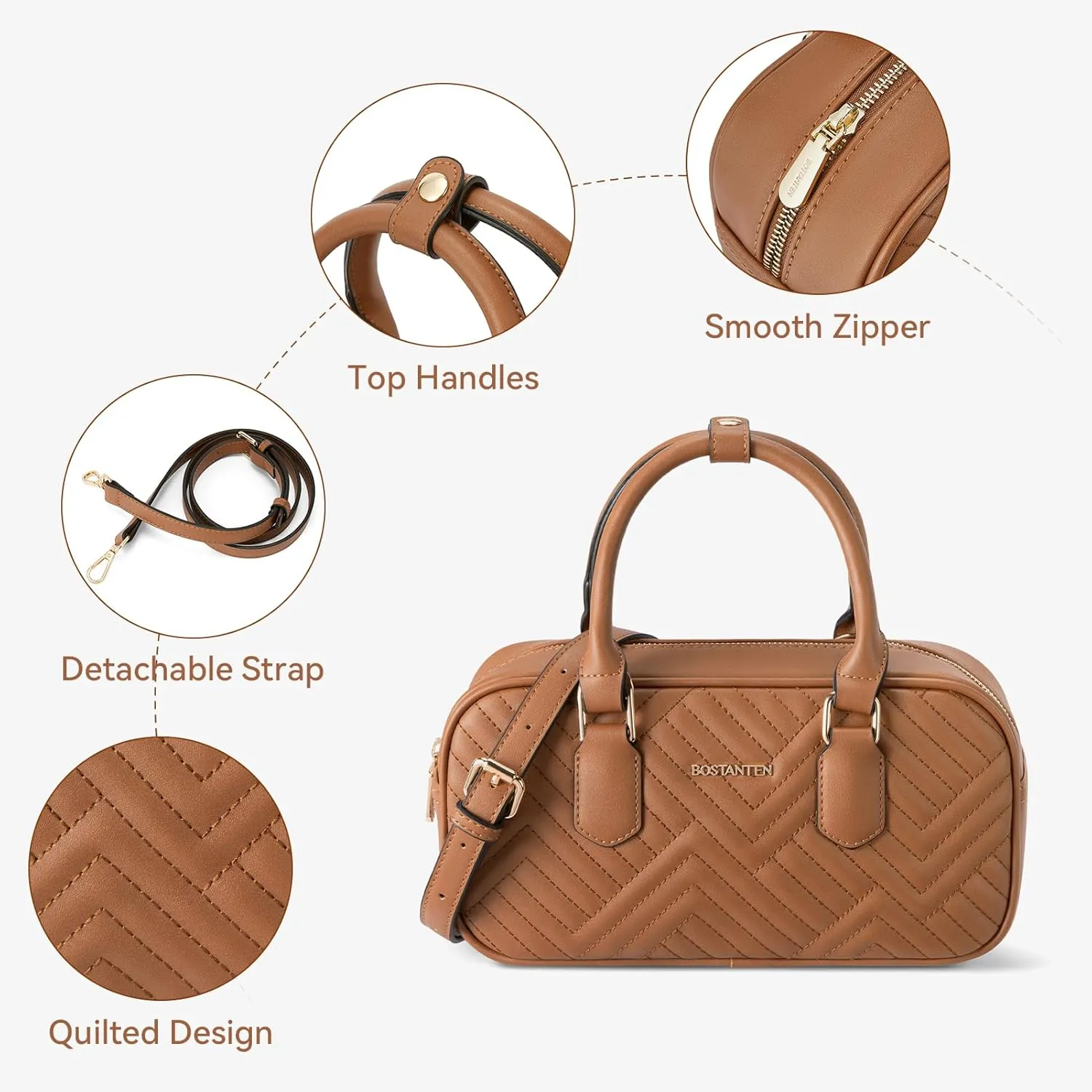 BOSTANTEN Vegan Leather Satchel Bag Quilted Crossbody Purses for Women Small Tote Shoulder Handbags with Detachable Strap