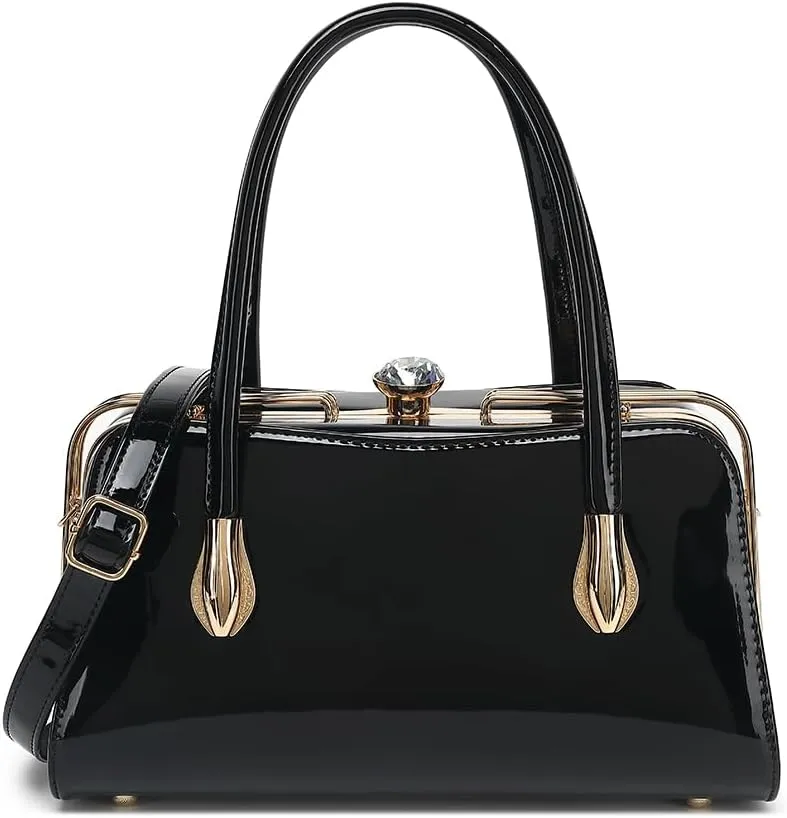 BOW FRAME SATCHEL WITH DETACHABLE SHOULDER STRAP PATENT LEATHER