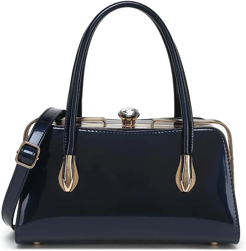 BOW FRAME SATCHEL WITH DETACHABLE SHOULDER STRAP PATENT LEATHER