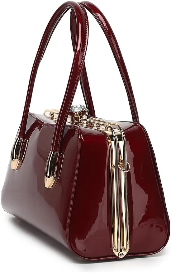 BOW FRAME SATCHEL WITH DETACHABLE SHOULDER STRAP PATENT LEATHER