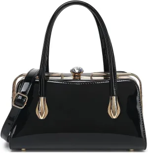 BOW FRAME SATCHEL WITH DETACHABLE SHOULDER STRAP PATENT LEATHER
