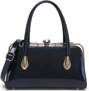 BOW FRAME SATCHEL WITH DETACHABLE SHOULDER STRAP PATENT LEATHER