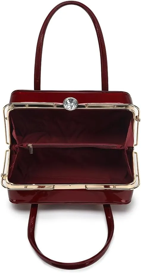 BOW FRAME SATCHEL WITH DETACHABLE SHOULDER STRAP PATENT LEATHER