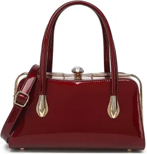 BOW FRAME SATCHEL WITH DETACHABLE SHOULDER STRAP PATENT LEATHER