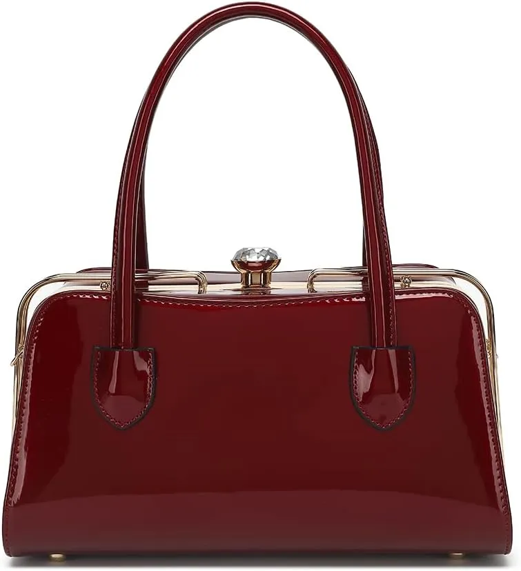 BOW FRAME SATCHEL WITH DETACHABLE SHOULDER STRAP PATENT LEATHER