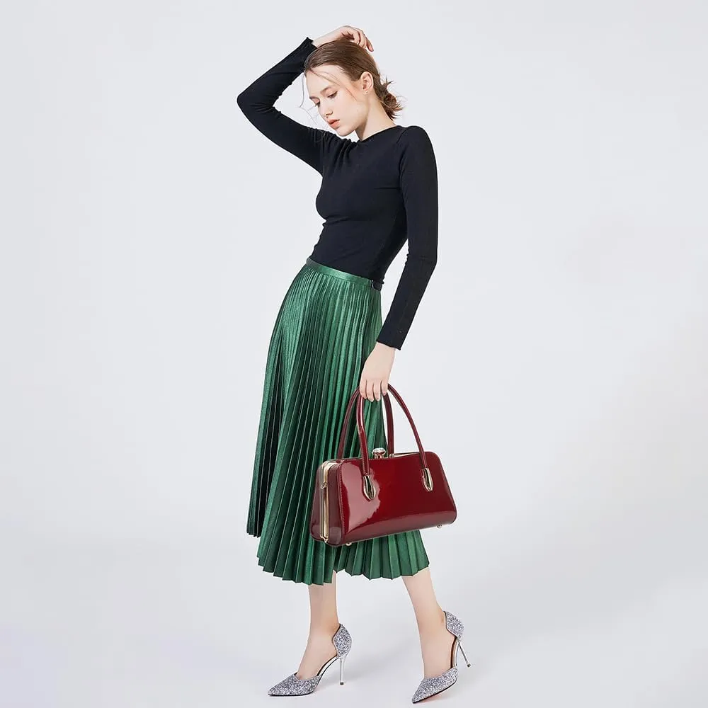 BOW FRAME SATCHEL WITH DETACHABLE SHOULDER STRAP PATENT LEATHER