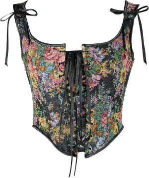 Bowanadacles Women Vintage Floral Camisole Flower Embroidery Pattern Tight Vest Drawstring Tie-up Tank Top Suspender Corset