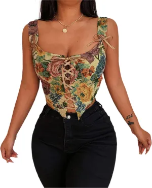 Bowanadacles Women Vintage Floral Camisole Flower Embroidery Pattern Tight Vest Drawstring Tie-up Tank Top Suspender Corset