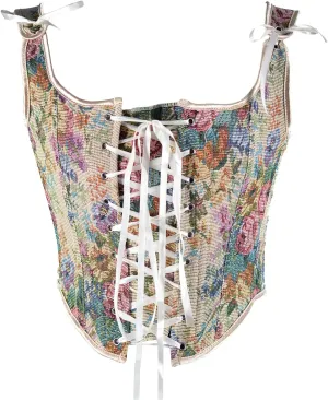 Bowanadacles Women Vintage Floral Camisole Flower Embroidery Pattern Tight Vest Drawstring Tie-up Tank Top Suspender Corset