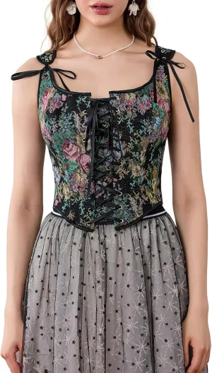 Bowanadacles Women Vintage Floral Camisole Flower Embroidery Pattern Tight Vest Drawstring Tie-up Tank Top Suspender Corset