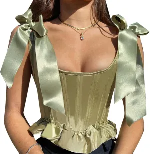 Bowanadacles Women Vintage Floral Camisole Flower Embroidery Pattern Tight Vest Drawstring Tie-up Tank Top Suspender Corset