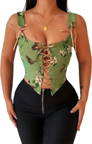 Bowanadacles Women Vintage Floral Camisole Flower Embroidery Pattern Tight Vest Drawstring Tie-up Tank Top Suspender Corset