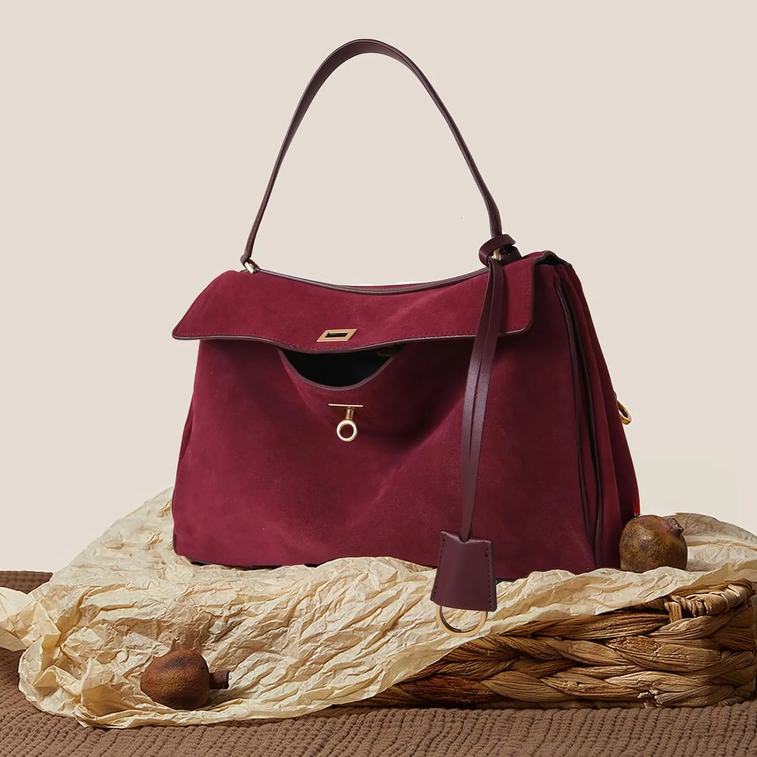 BOYATU Leather Suede Tote Bag for Women: Genuine Leather Shoulder Handbag - Large Suede Purse Satchel Bag