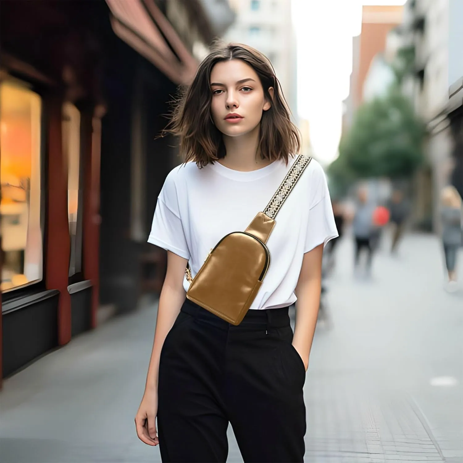 Brown Crossbody Sling Bag for Women Men Leather Chest Bags Purse Adjustable Cross Body Daypack for Travel Workout Outdoors