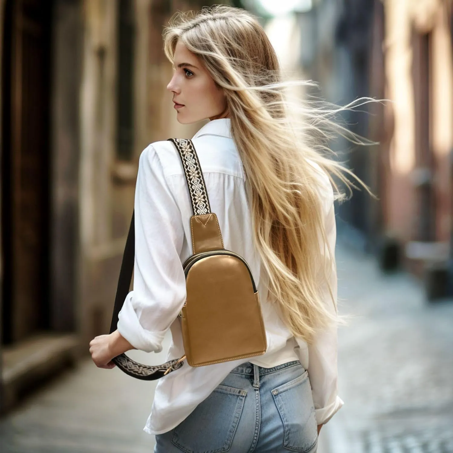 Brown Crossbody Sling Bag for Women Men Leather Chest Bags Purse Adjustable Cross Body Daypack for Travel Workout Outdoors
