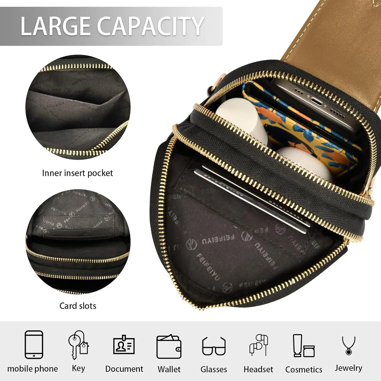 Brown Crossbody Sling Bag for Women Men Leather Chest Bags Purse Adjustable Cross Body Daypack for Travel Workout Outdoors