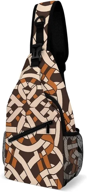 Brown Geometric Pattern Crossbody Sling Bag for Men Hiking Backpack Travel Chest Bag Man Purse Shoulder Bags Daypack