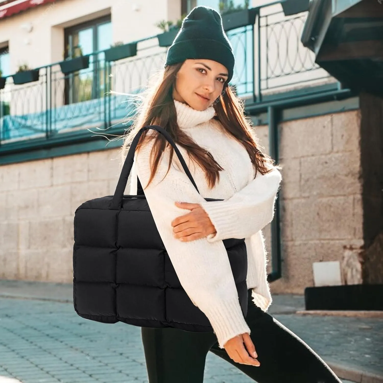 BTOOP Puffer Tote for Women, Large Quilted Puffy Bag with Zipper, Lightweight Cute Bag for Work Travel Shop Gym