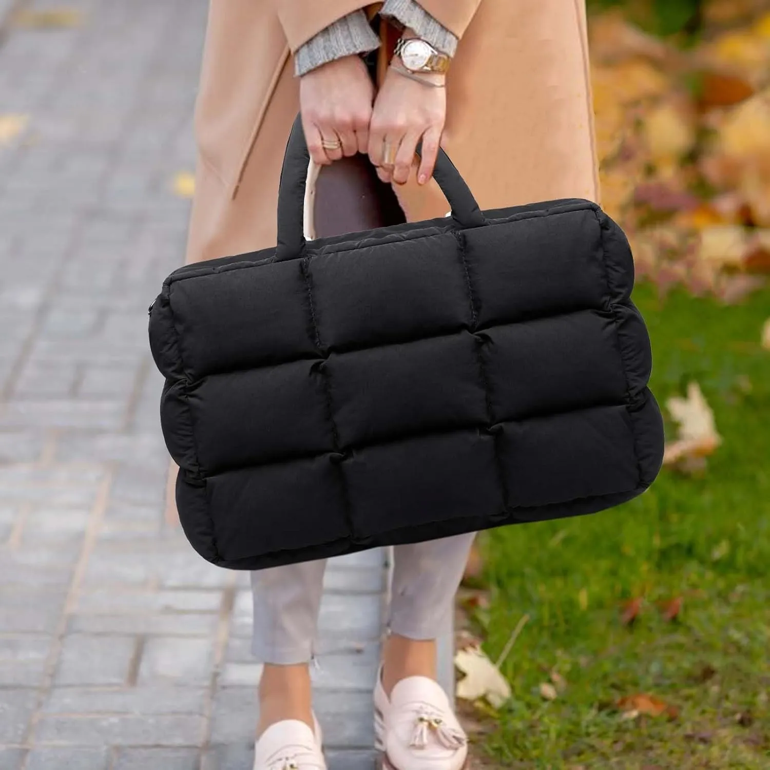 BTOOP Puffer Tote for Women, Large Quilted Puffy Bag with Zipper, Lightweight Cute Bag for Work Travel Shop Gym