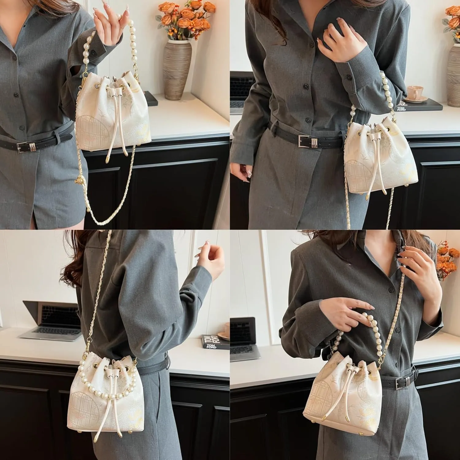 Bucket Bag for Women, Small Pearl Drawstring Handbags, Hobo Purse
