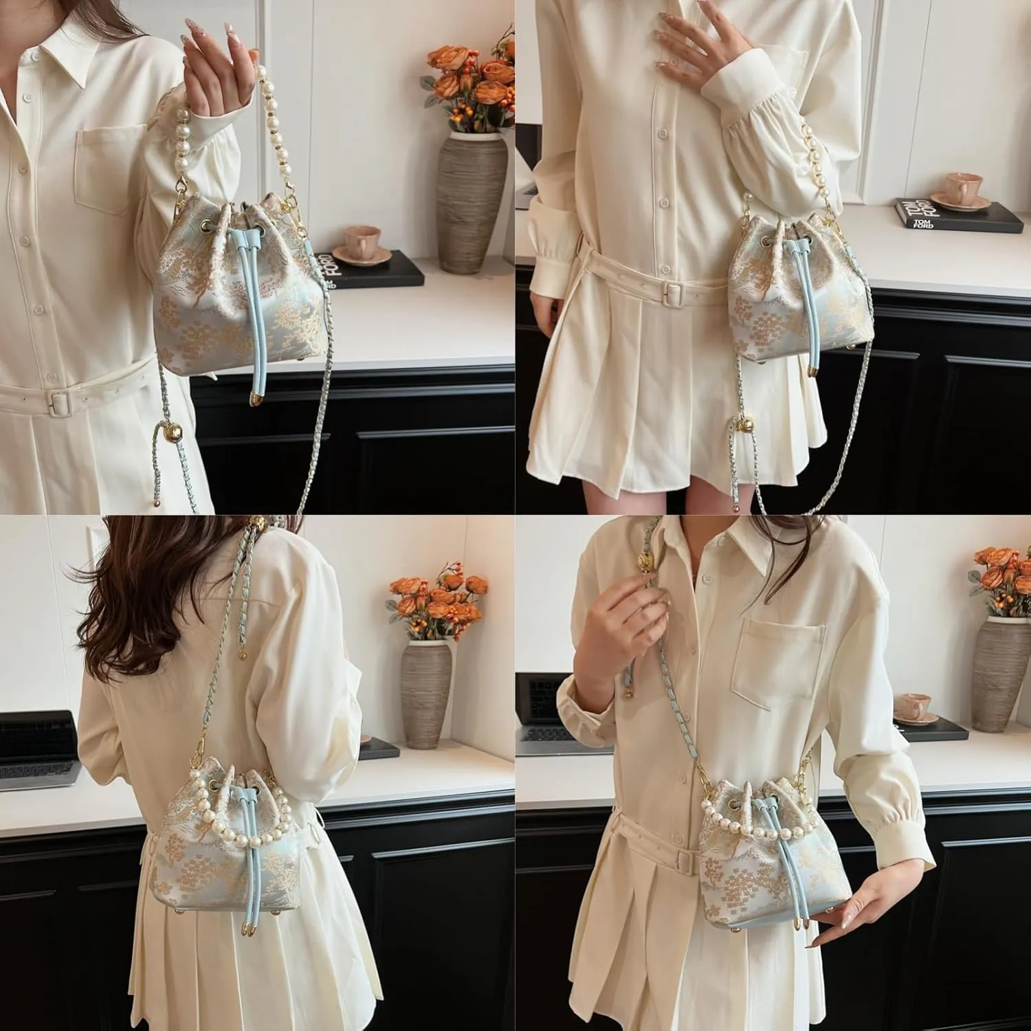 Bucket Bag for Women, Small Pearl Drawstring Handbags, Hobo Purse