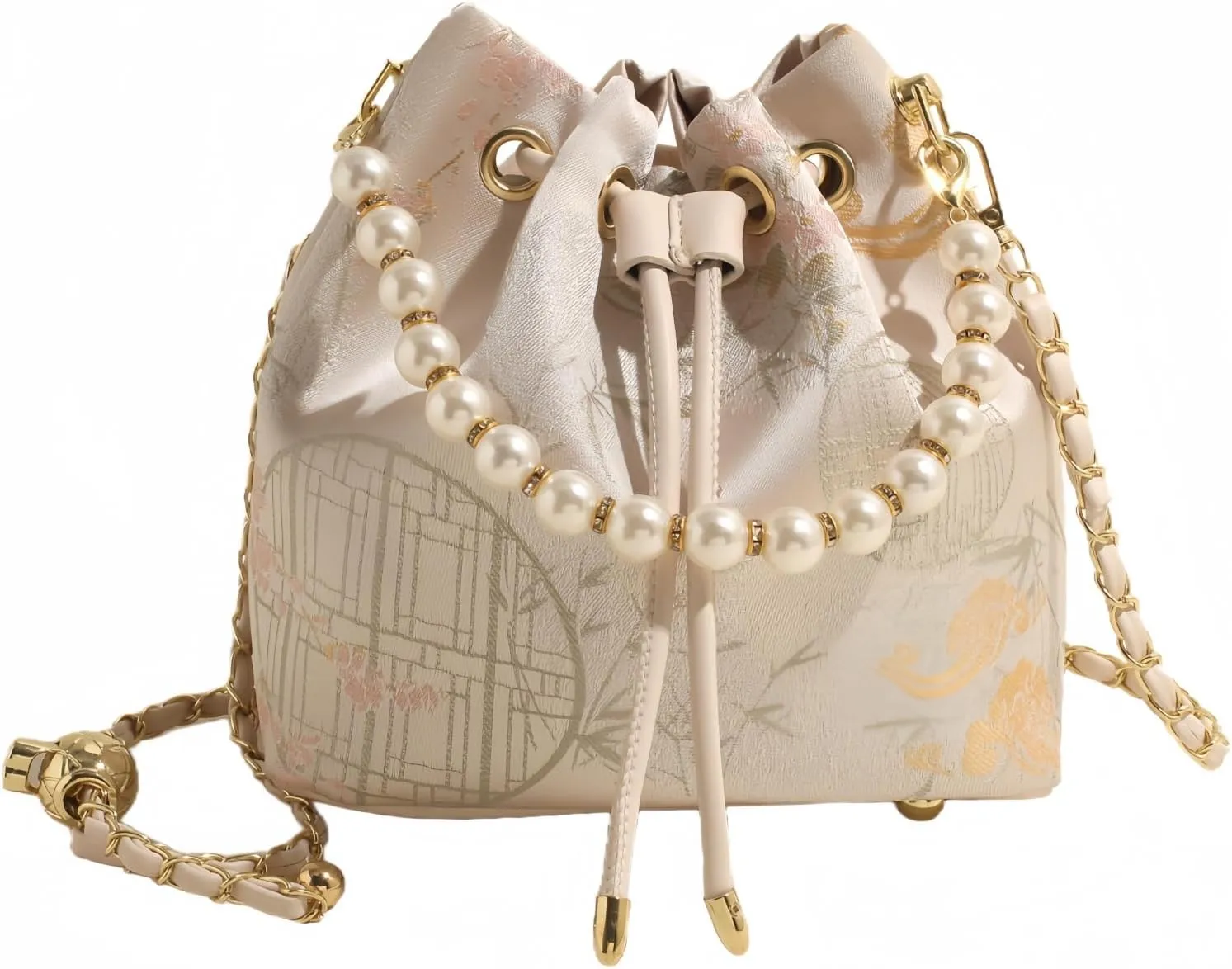 Bucket Bag for Women, Small Pearl Drawstring Handbags, Hobo Purse