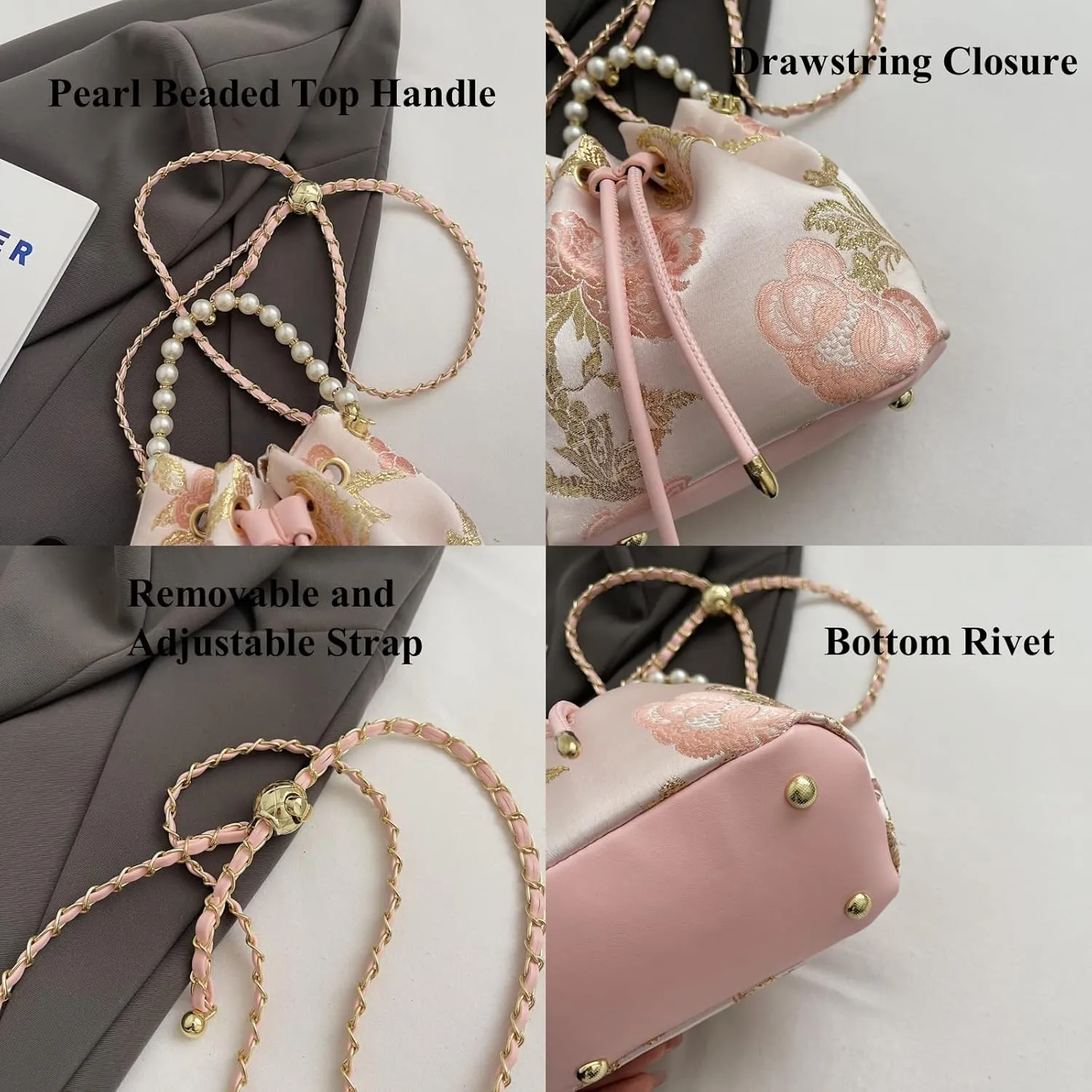 Bucket Bag for Women, Small Pearl Drawstring Handbags, Hobo Purse