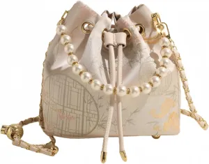 Bucket Bag for Women, Small Pearl Drawstring Handbags, Hobo Purse