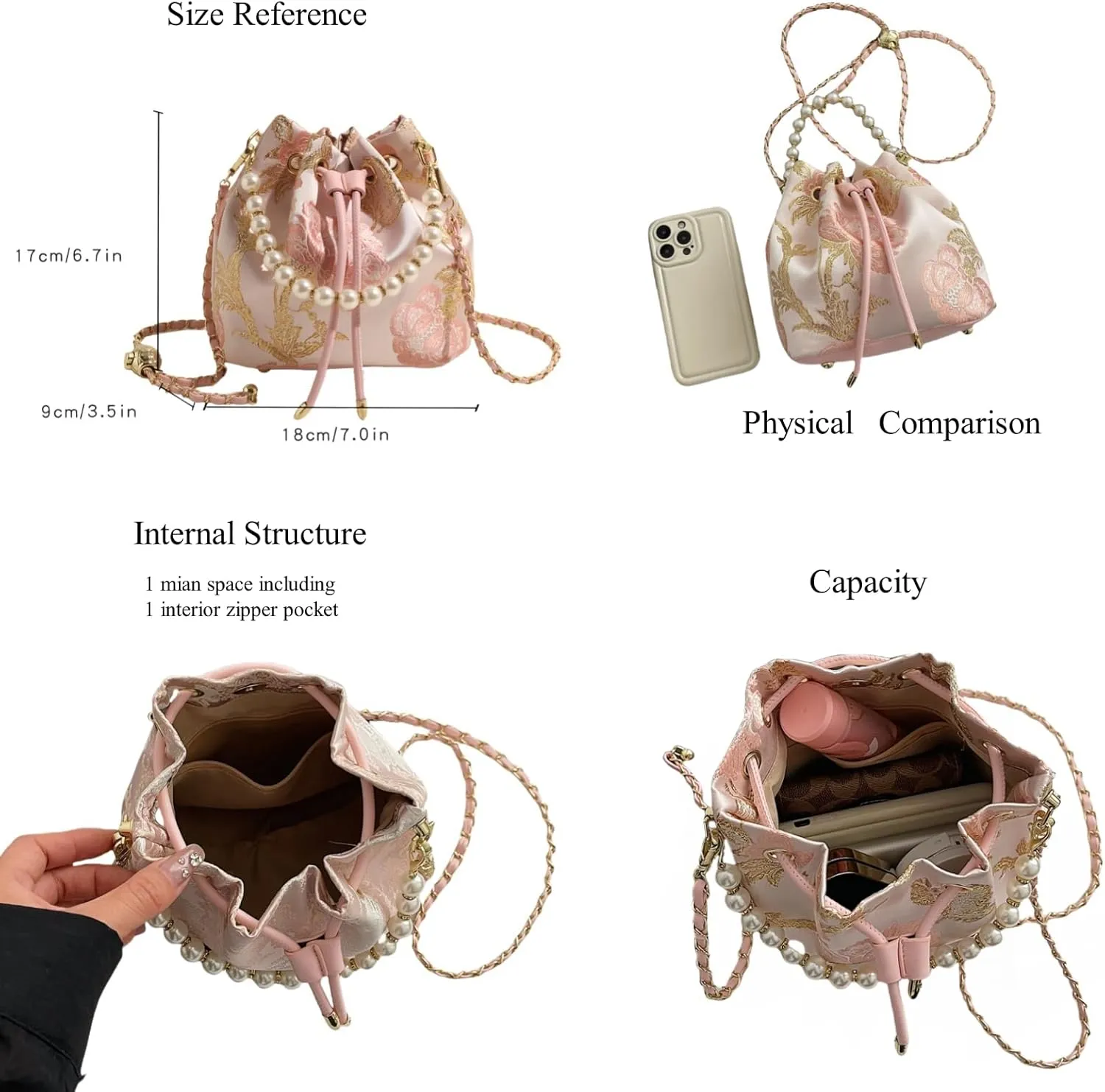 Bucket Bag for Women, Small Pearl Drawstring Handbags, Hobo Purse