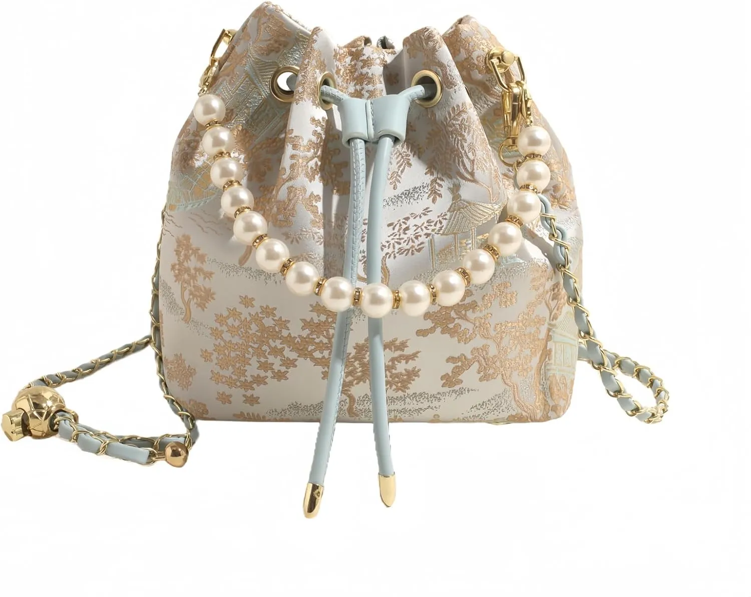Bucket Bag for Women, Small Pearl Drawstring Handbags, Hobo Purse
