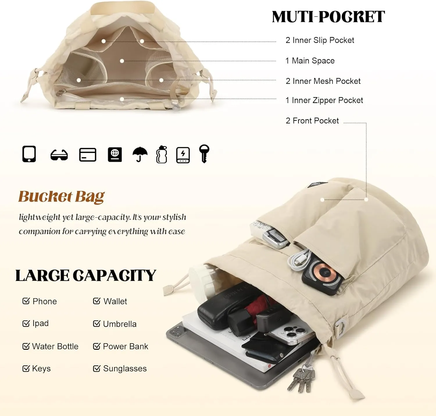 Bucket Bag for Women Super Lightweight Tote Handbag Nylon Crossbody Bag Drawstring Hobo for Travel Hiking Music Festival