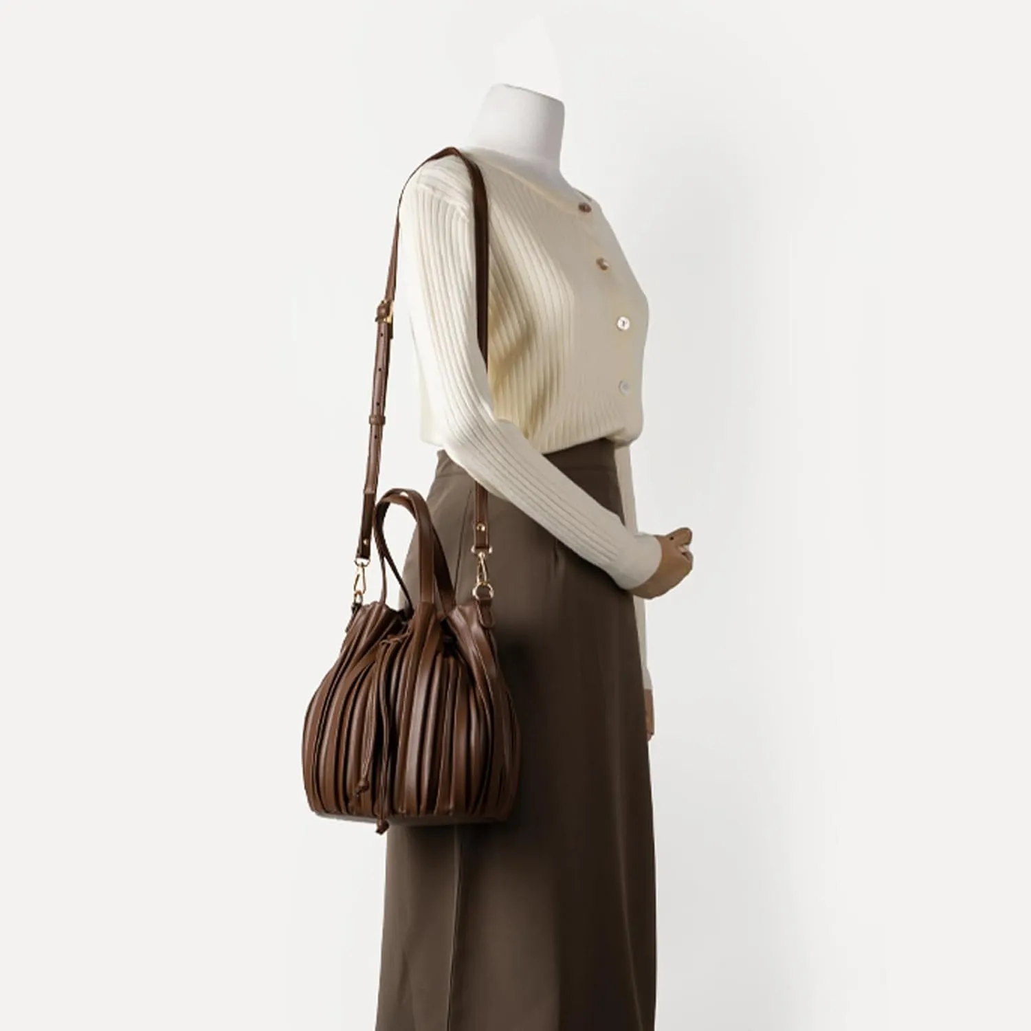 Bucket Bags for Women, Mini Leather Drawstring Crossbody Bucket Purses Pleated Shoulder Handbags