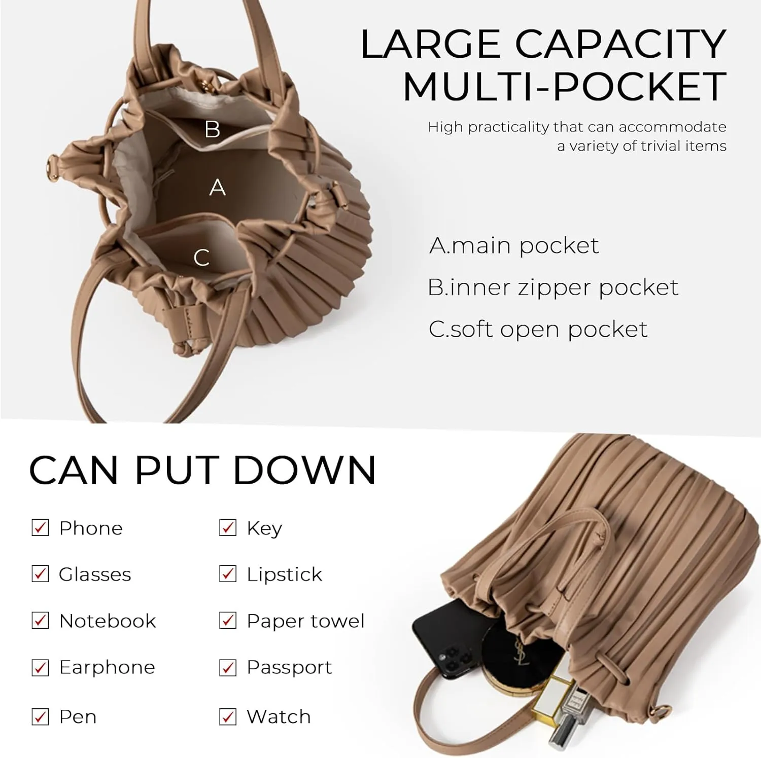 Bucket Bags for Women, Mini Leather Drawstring Crossbody Bucket Purses Pleated Shoulder Handbags