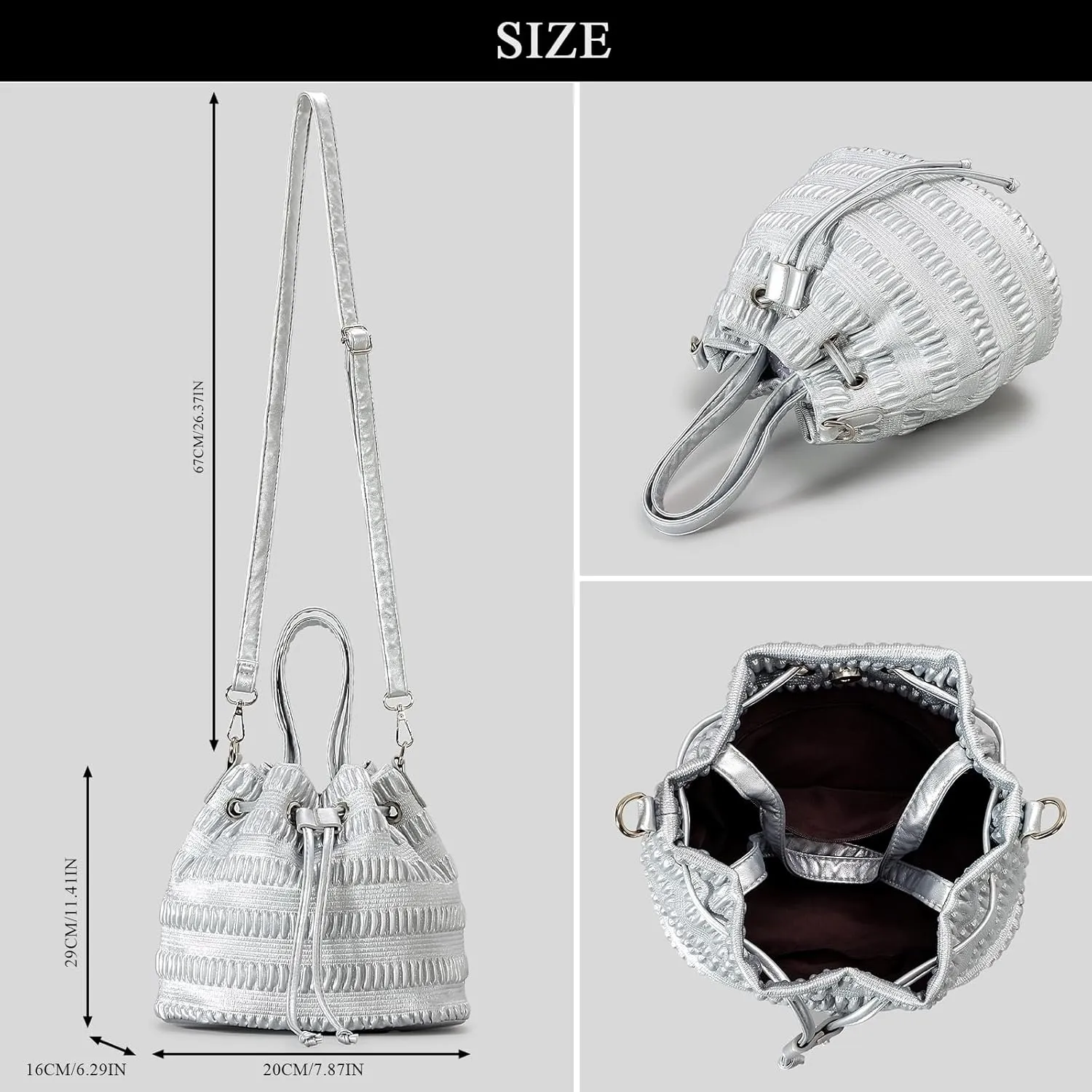 Bucket Bags for Women, Mini Pleated Leather Drawstring Crossbody Bucket Purses Shoulder Handbags