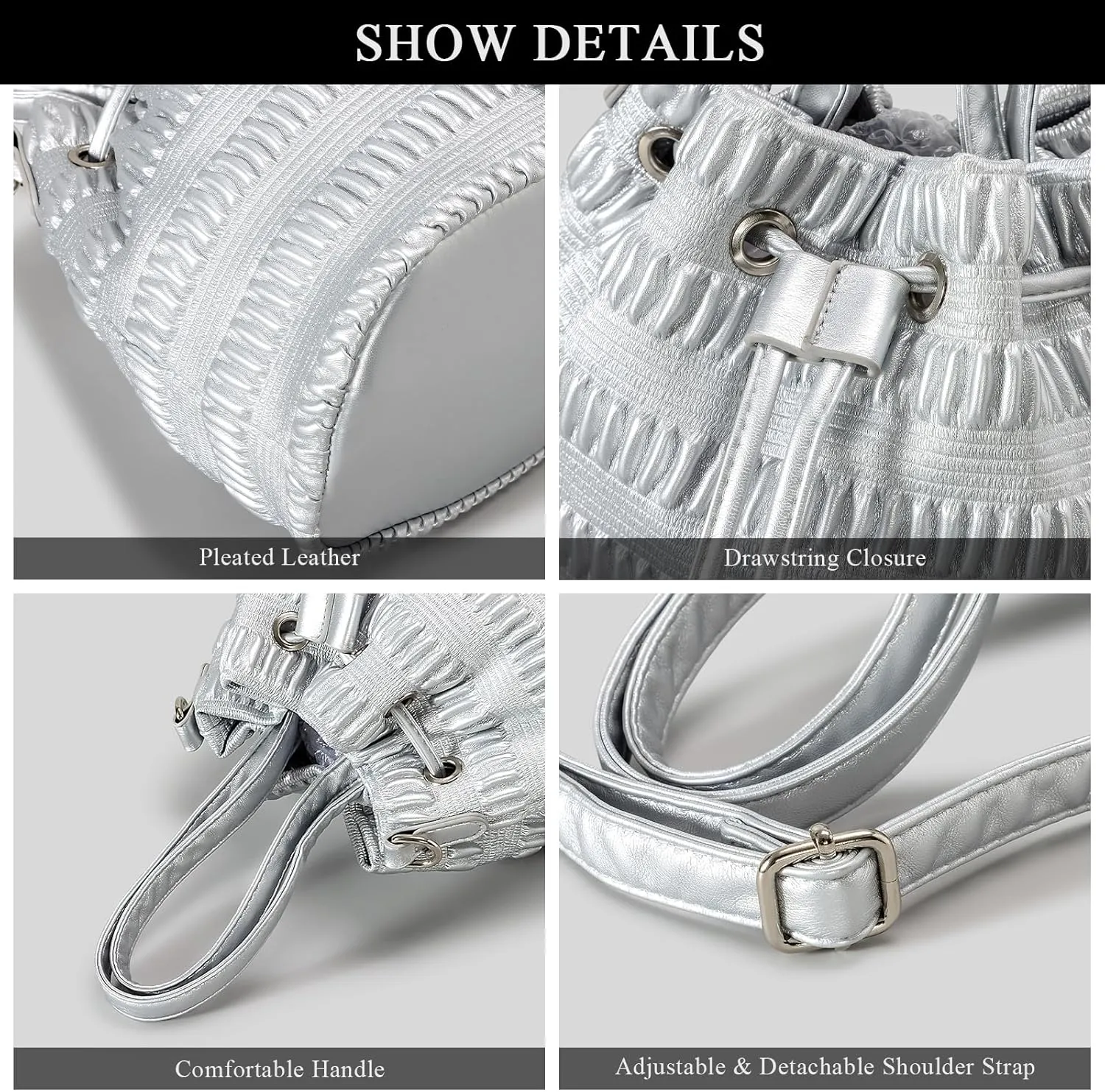 Bucket Bags for Women, Mini Pleated Leather Drawstring Crossbody Bucket Purses Shoulder Handbags