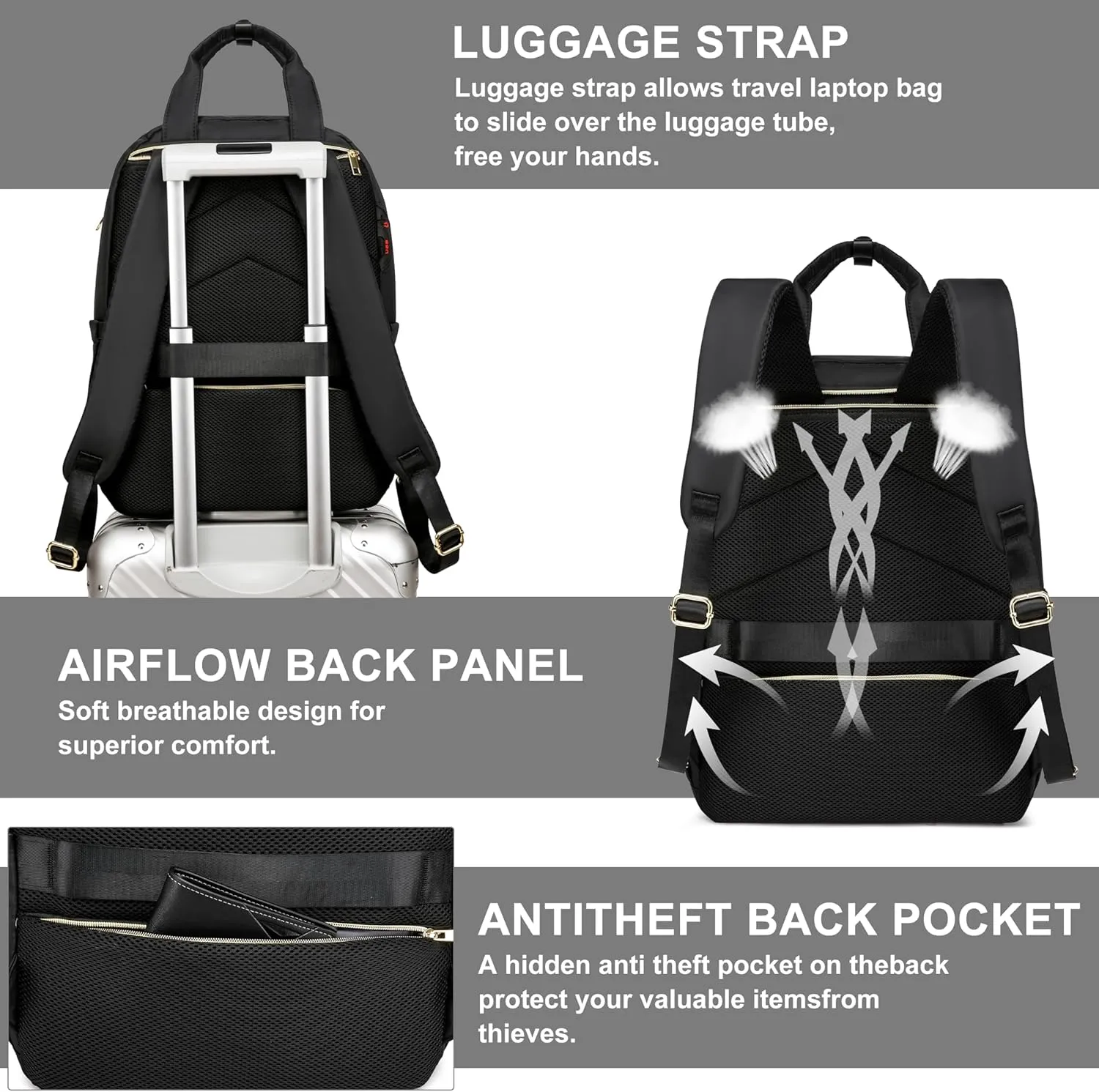 CAFELE Convertible Backpack for Women,College Work Teacher backpack for 17.3 Inch laptop with USB Port,Travel Anti Theft Laptops Backpack, Shoulder Purse Bags,Quilted Black(2325H-02)