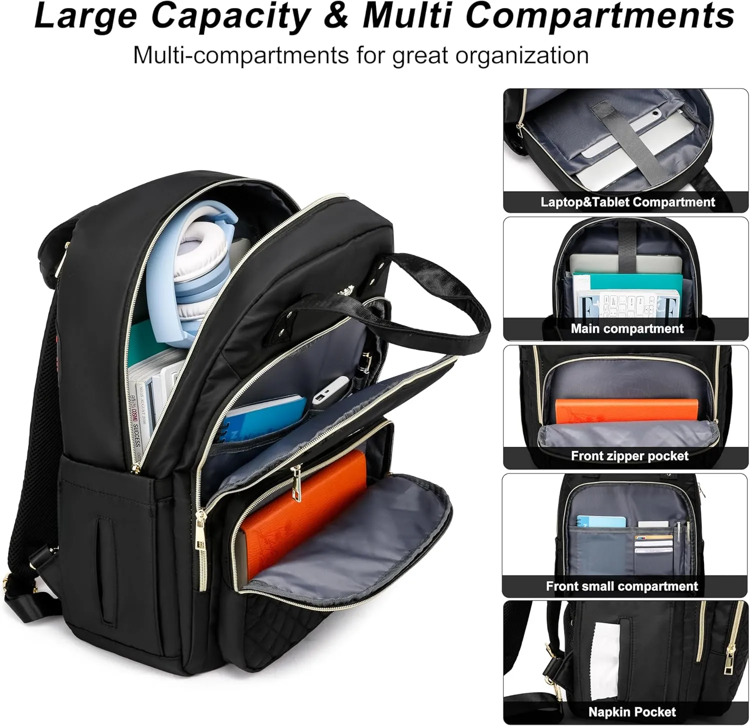 CAFELE Convertible Backpack for Women,College Work Teacher backpack for 17.3 Inch laptop with USB Port,Travel Anti Theft Laptops Backpack, Shoulder Purse Bags,Quilted Black(2325H-02)