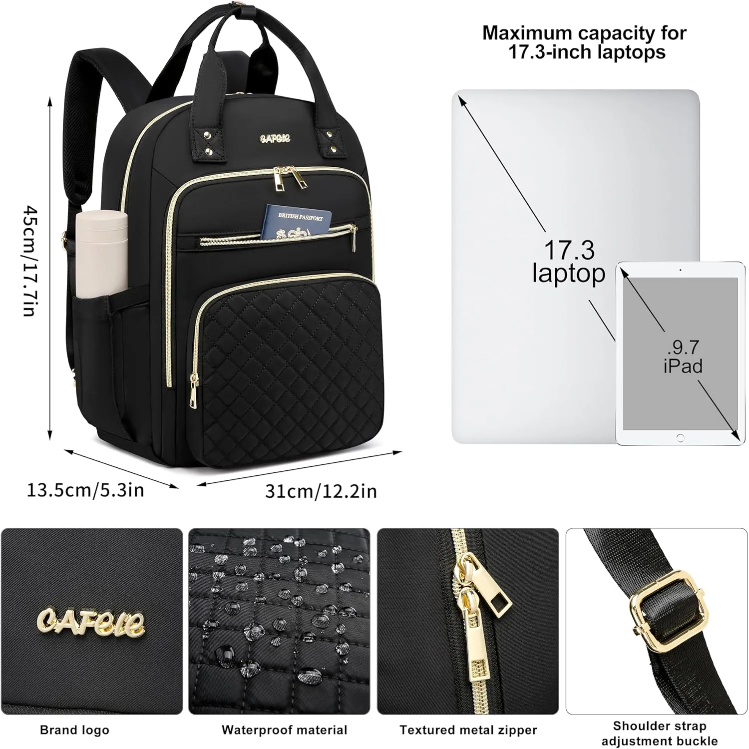CAFELE Convertible Backpack for Women,College Work Teacher backpack for 17.3 Inch laptop with USB Port,Travel Anti Theft Laptops Backpack, Shoulder Purse Bags,Quilted Black(2325H-02)