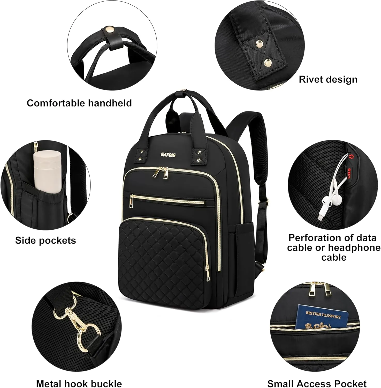 CAFELE Convertible Backpack for Women,College Work Teacher backpack for 17.3 Inch laptop with USB Port,Travel Anti Theft Laptops Backpack, Shoulder Purse Bags,Quilted Black(2325H-02)