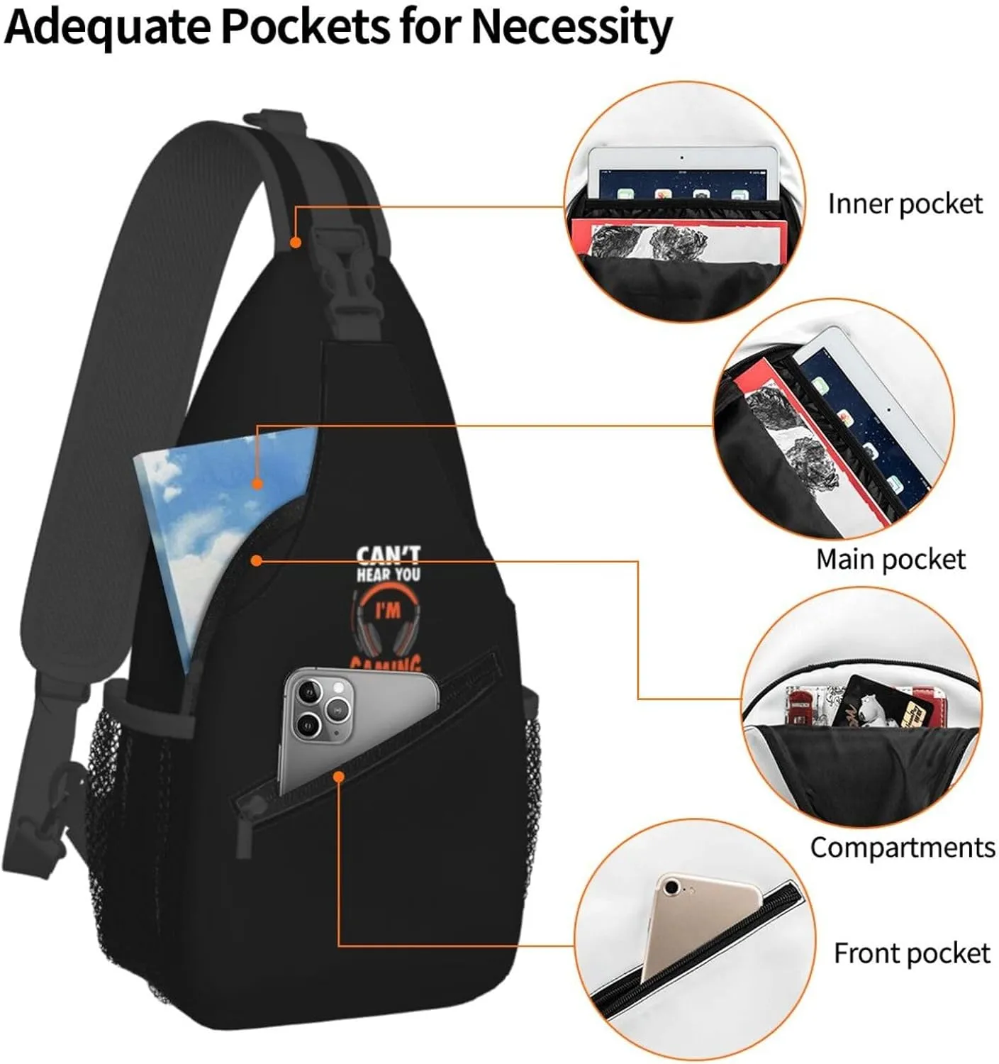Can't Hear You I'm Gaming Sling Bag Crossbody Backpack Shoulder Casual Daypack Bag for Men Women