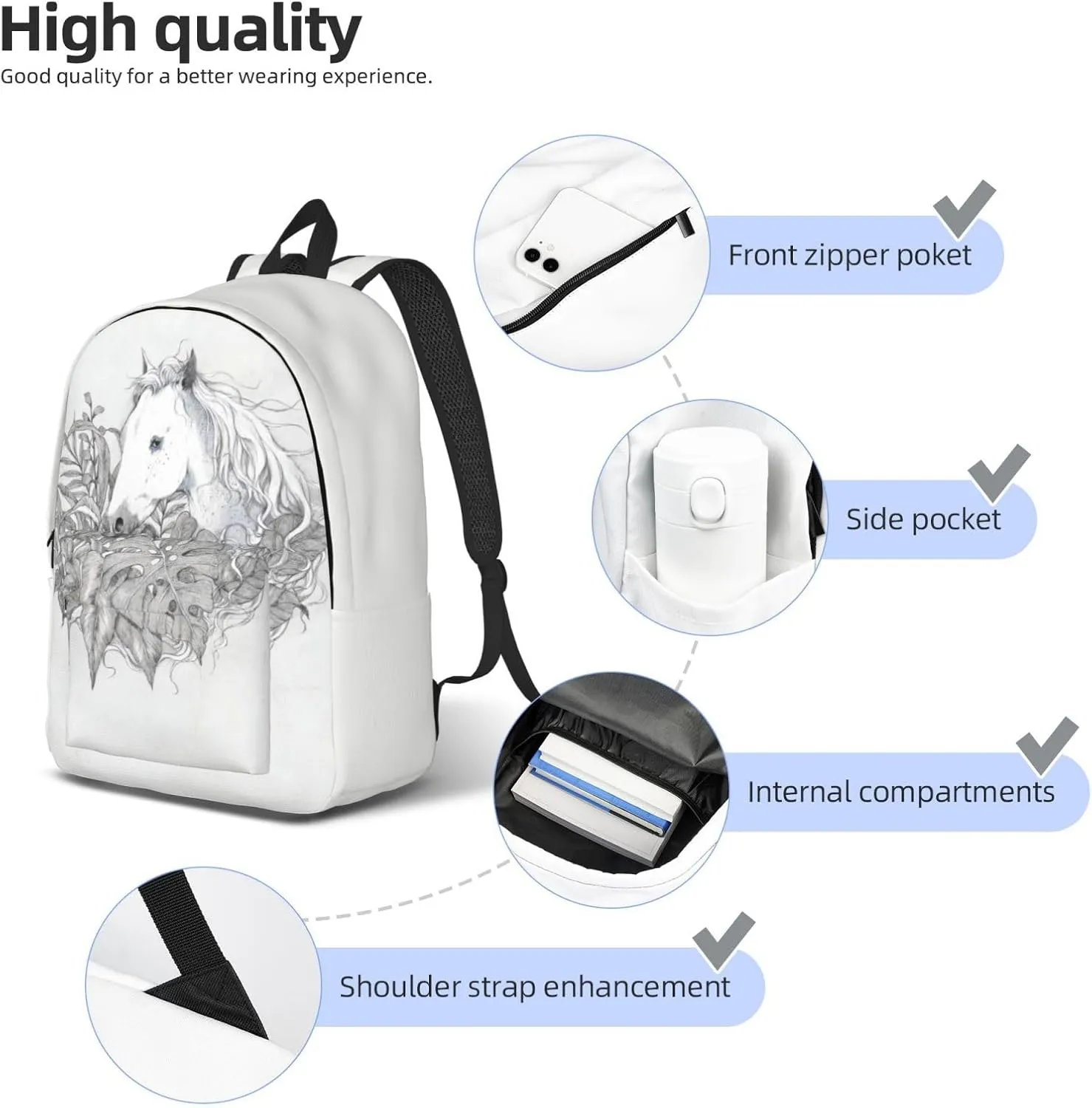Canvas Casual Backpack Laptop Bag Suitable for Travel Office Outdoor Sports Men and Women Horses