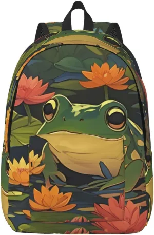 Canvas Casual Backpack Laptop Bag Suitable for Travel Office Outdoor Sports Men and Women Pond Frogs