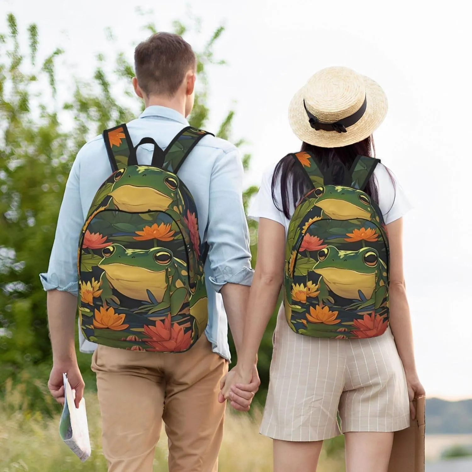 Canvas Casual Backpack Laptop Bag Suitable for Travel Office Outdoor Sports Men and Women Pond Frogs