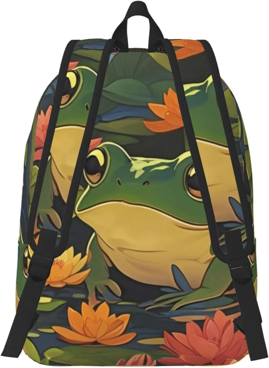 Canvas Casual Backpack Laptop Bag Suitable for Travel Office Outdoor Sports Men and Women Pond Frogs
