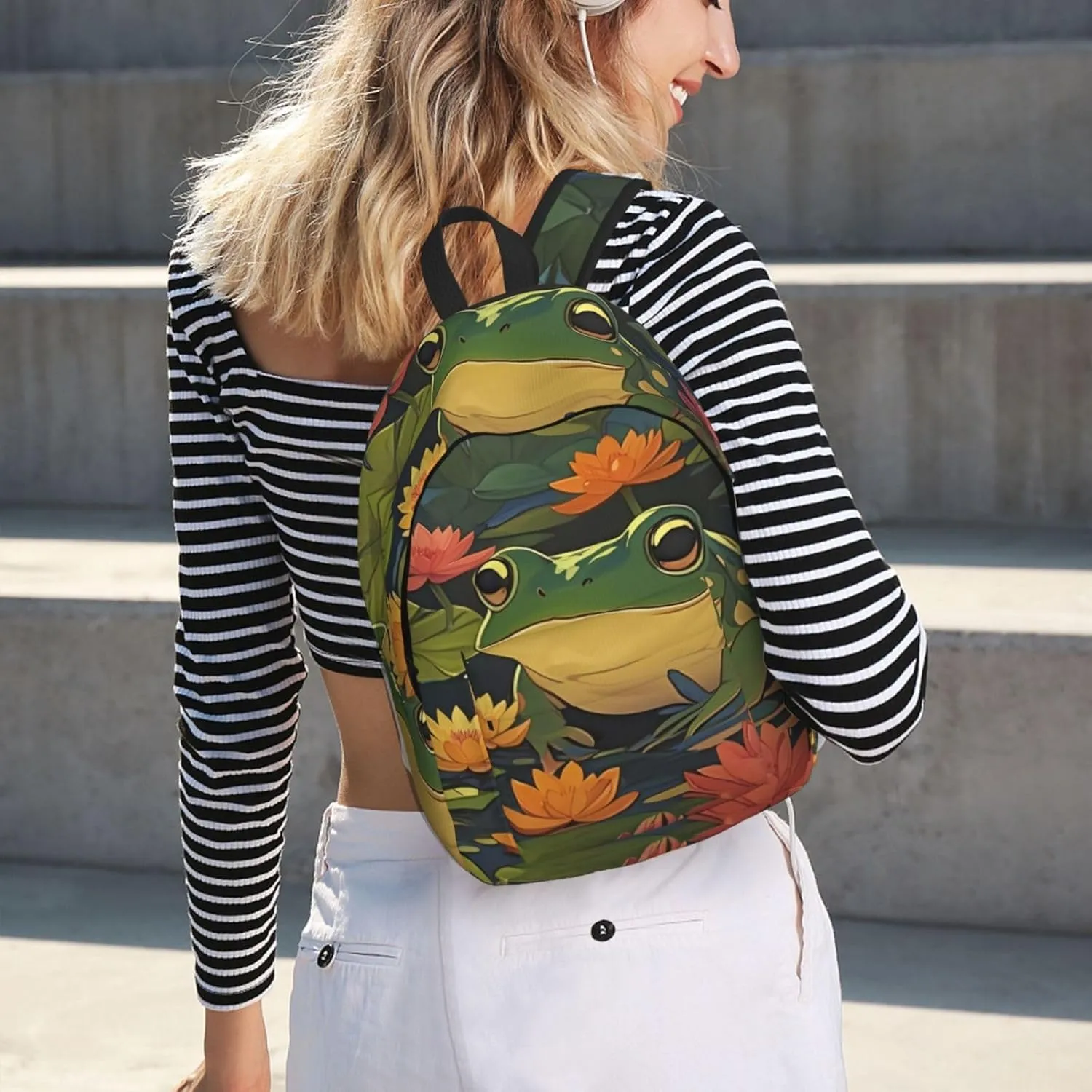 Canvas Casual Backpack Laptop Bag Suitable for Travel Office Outdoor Sports Men and Women Pond Frogs