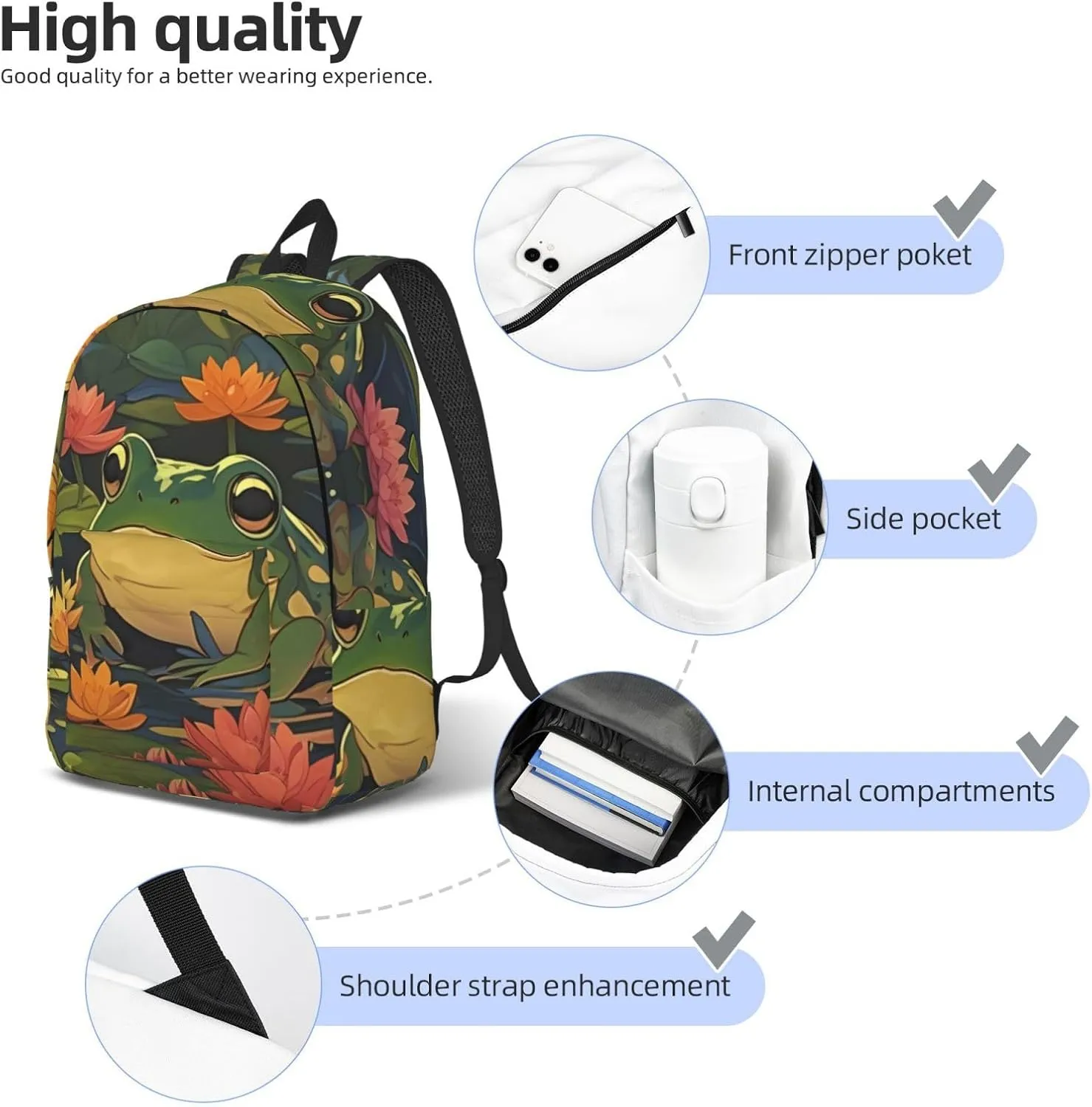 Canvas Casual Backpack Laptop Bag Suitable for Travel Office Outdoor Sports Men and Women Pond Frogs