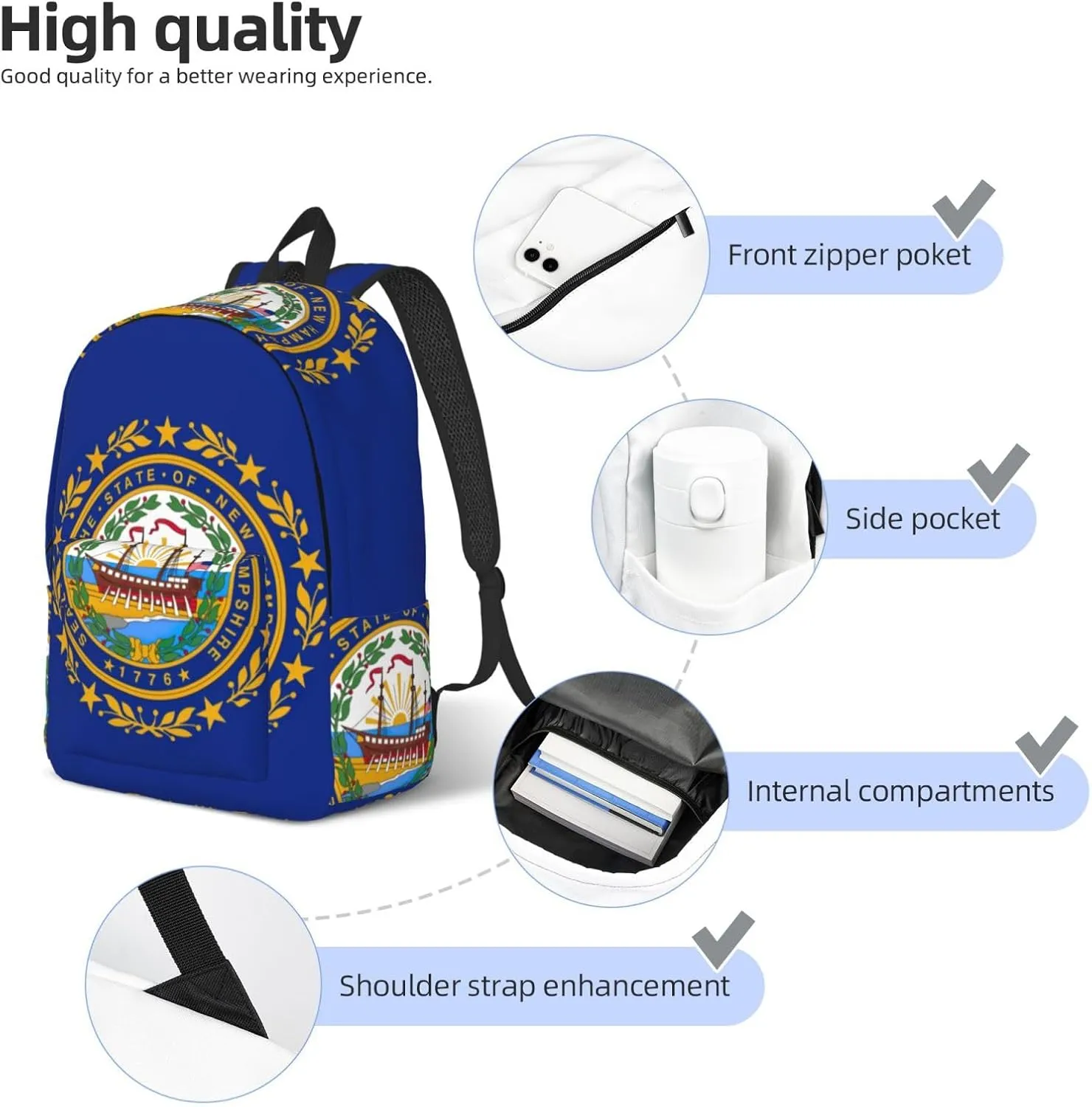 Canvas Fashions New Hampshire state flag Print Backpacks,Casual Lightweight Sports Rucksack Travel Multipurpose Bag