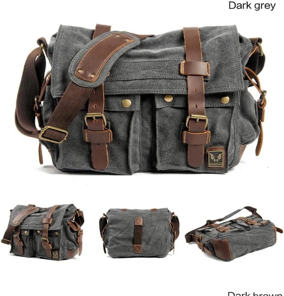 Canvas Leather Men Messenger Bag Satchel Shoulder Laptop Briefcase Travel Handbag for Men, Crossbody Computer Bag (Black)